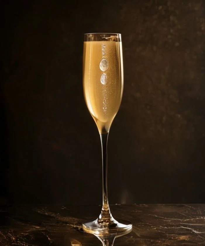 Schmales hohes Champagnerglas auf dunklem Marmor mit goldenem Highlight am Rand