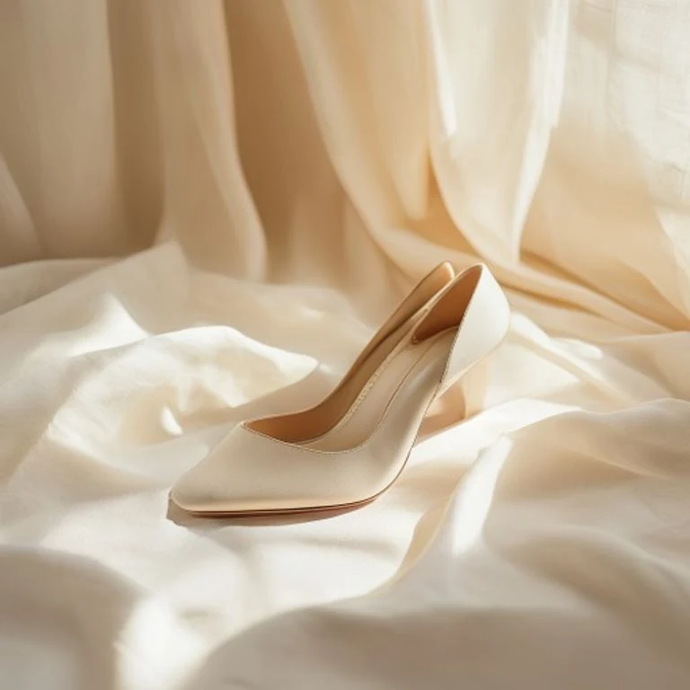 Eleganter heller Brautschuh aus Satin in cremiger Farbe auf ivory Stoff