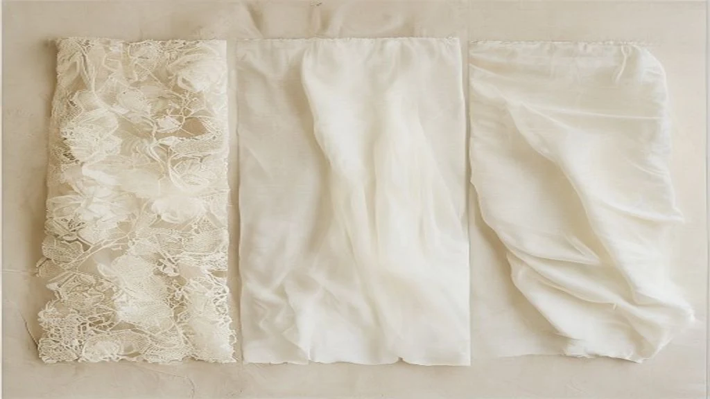 Drei verschiedene weiße Brautstoff-Texturen nebeneinander: Spitze, Tüll, Satin auf ivory Hintergrund