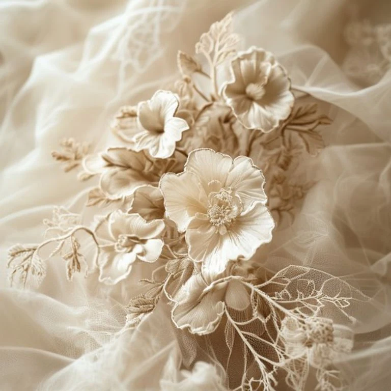 Detail des Brautkleides Aurora — Spitze auf Seidentüll