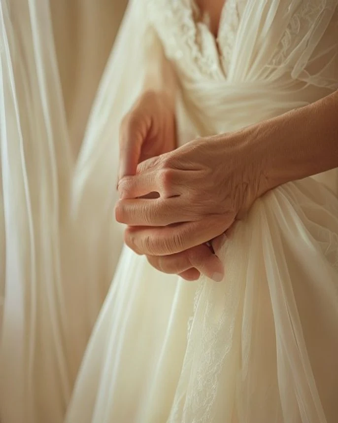 Editorial-Detail einer Hand, die behutsam den Saum eines weißen Brautkleides hält